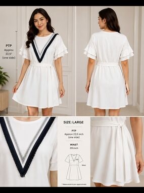 White V-Neck Dress with Navy Trim